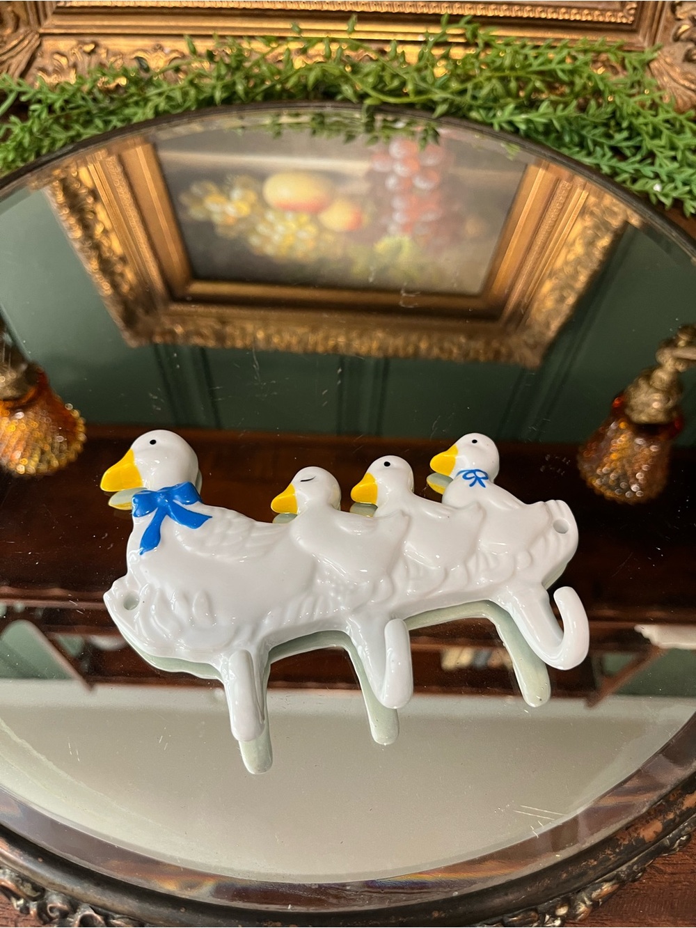 Vintage cottage core ceramic mother goose and ducklings wall hook